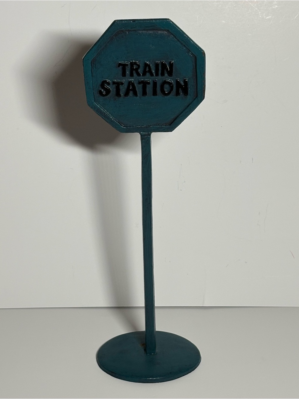 Train Station Teal Metal Sign Stand - Home Art Accent